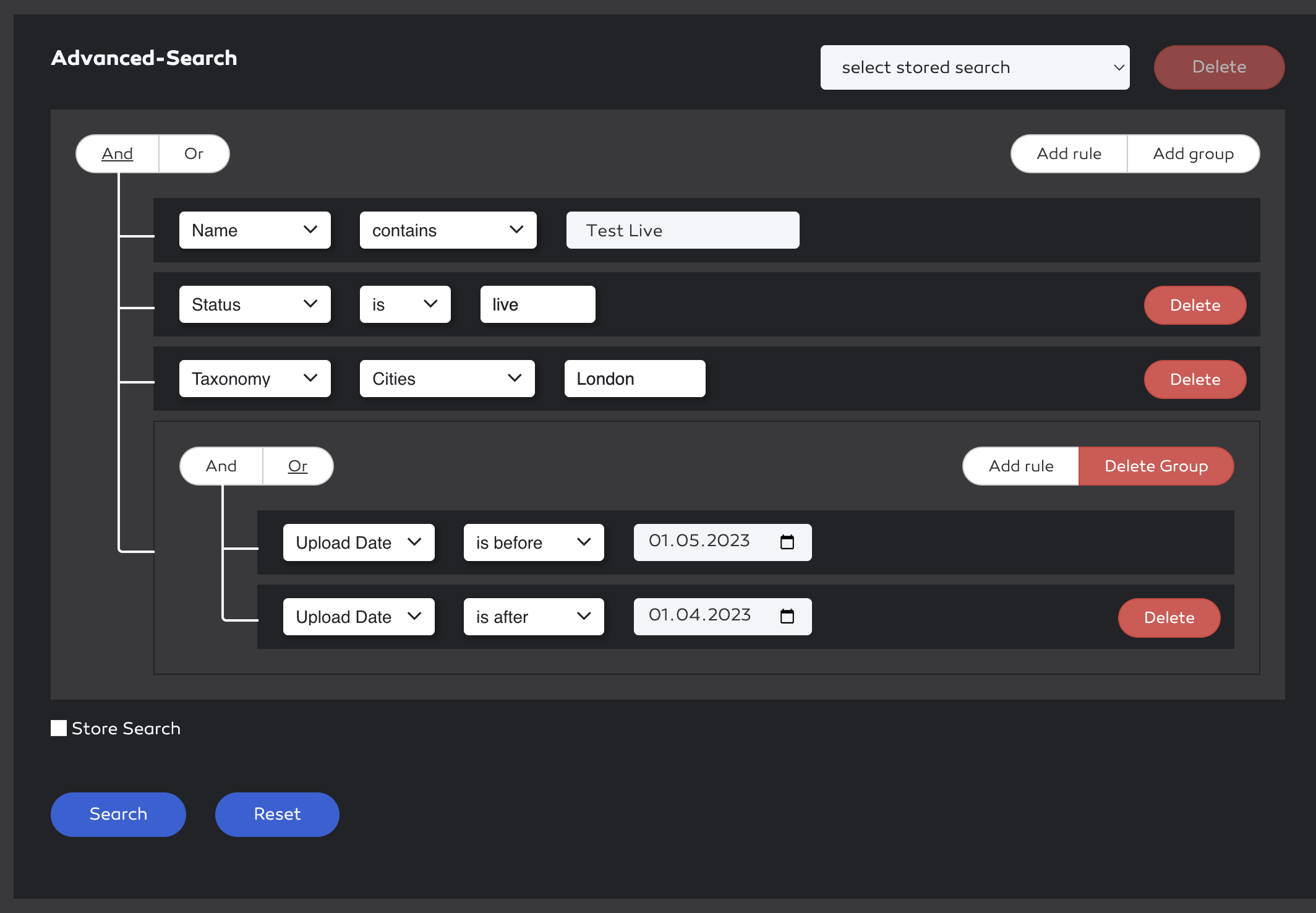 Advanced search with multiple rules and a rule group containing a date range.