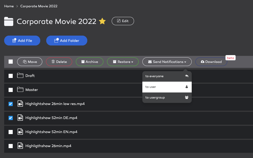 New menu to manually send out notifications.