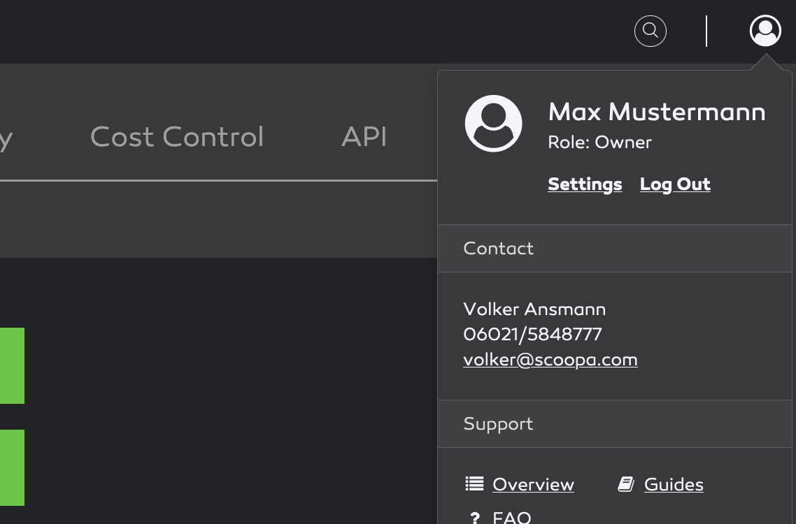 Contact-info in the user-menu.
