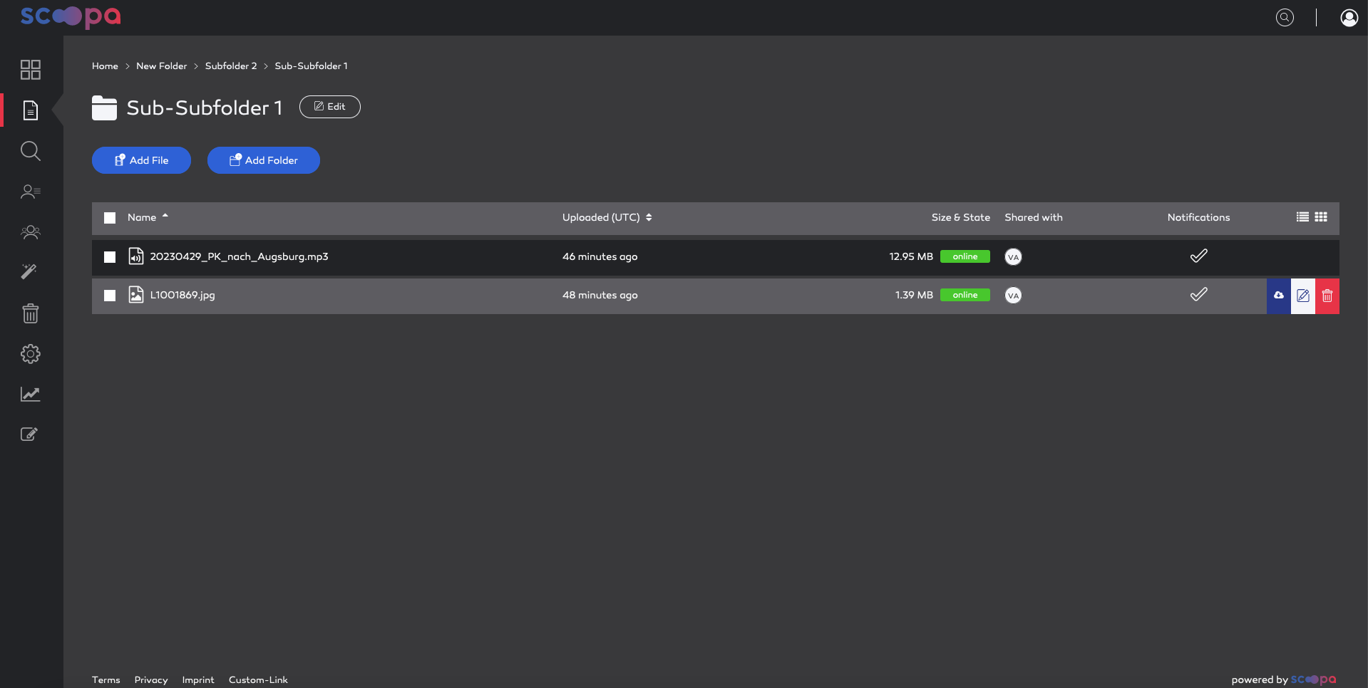 Folder listing with highlighted file and action icons.