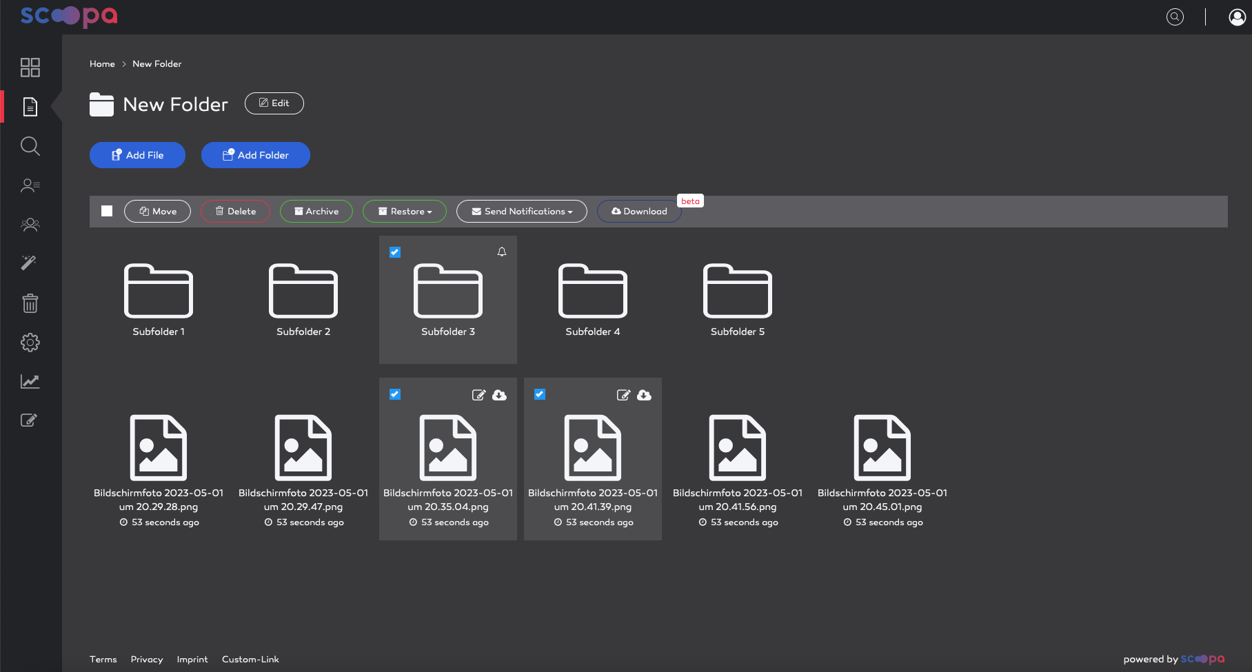 Folder actions in the grid view.