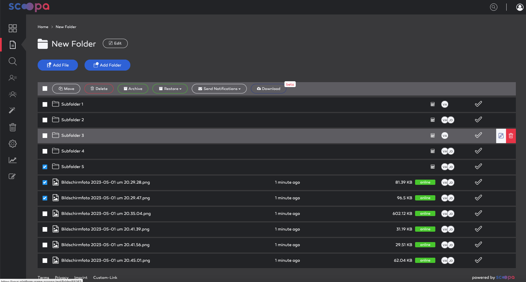 Folder actions in list view.