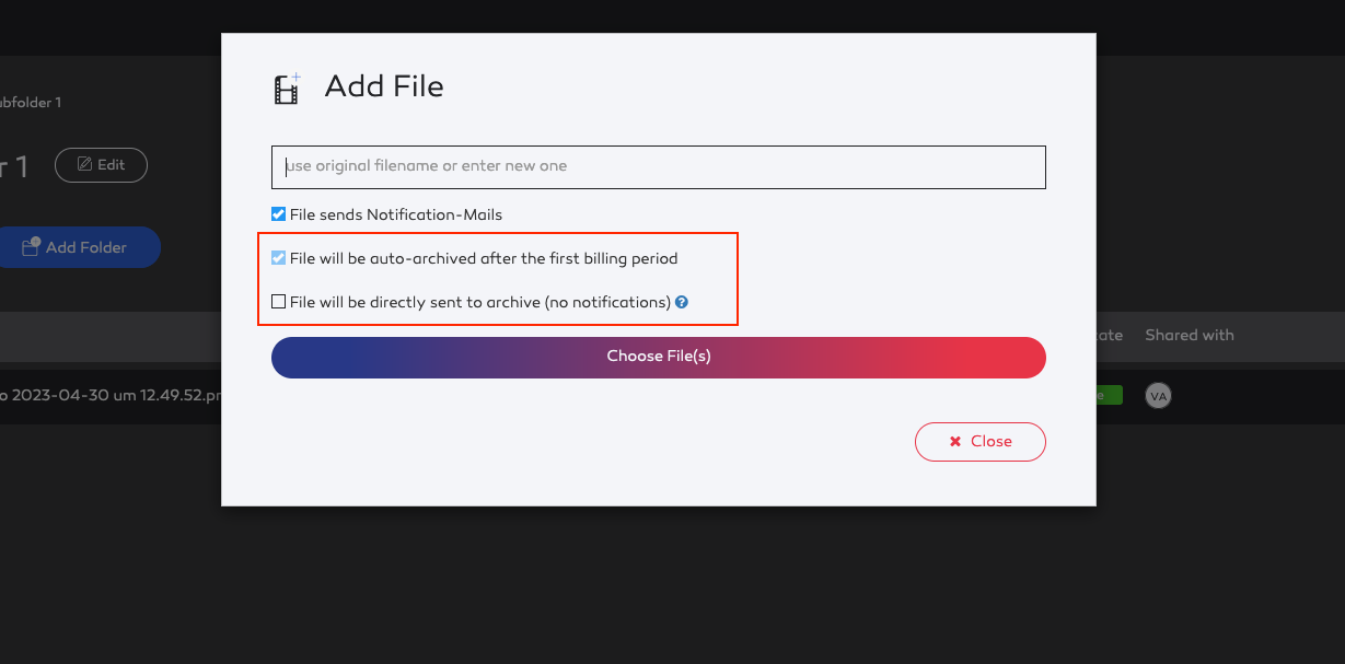 Upload-Dialog mit erzwungenem Auto-Archiv.