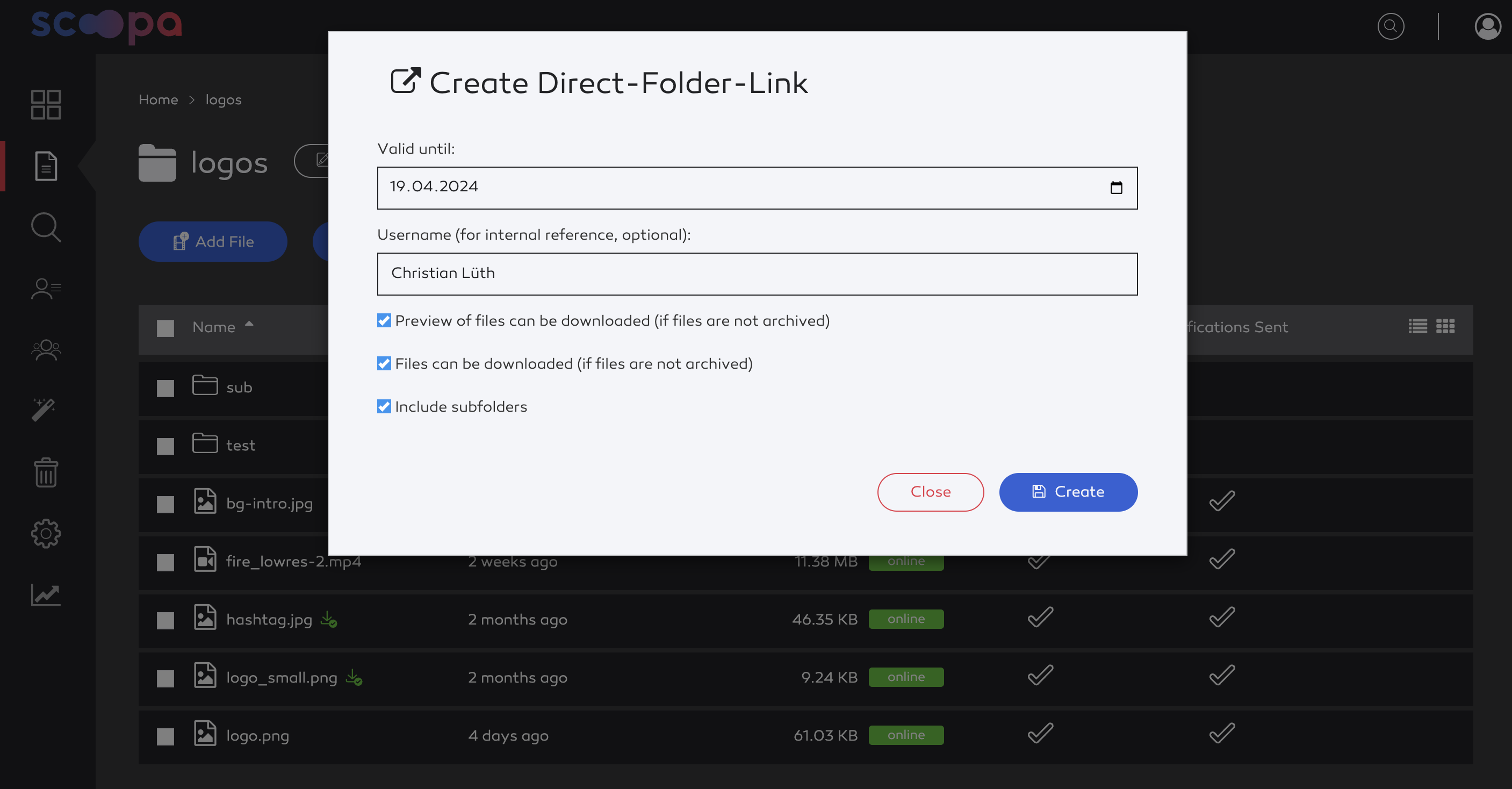 The create-direct-folder-link dialogue.