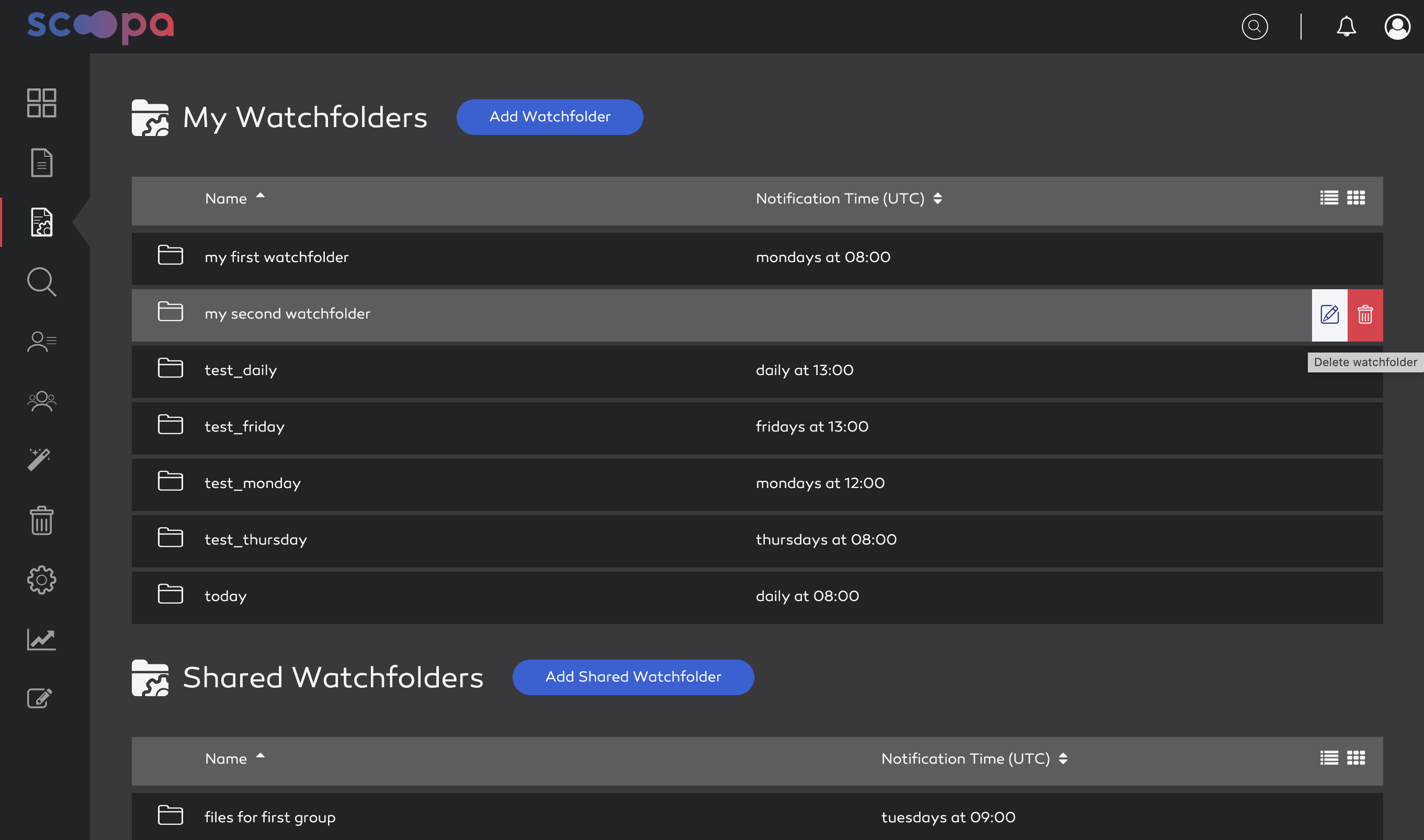 delete watchfolder by action button.